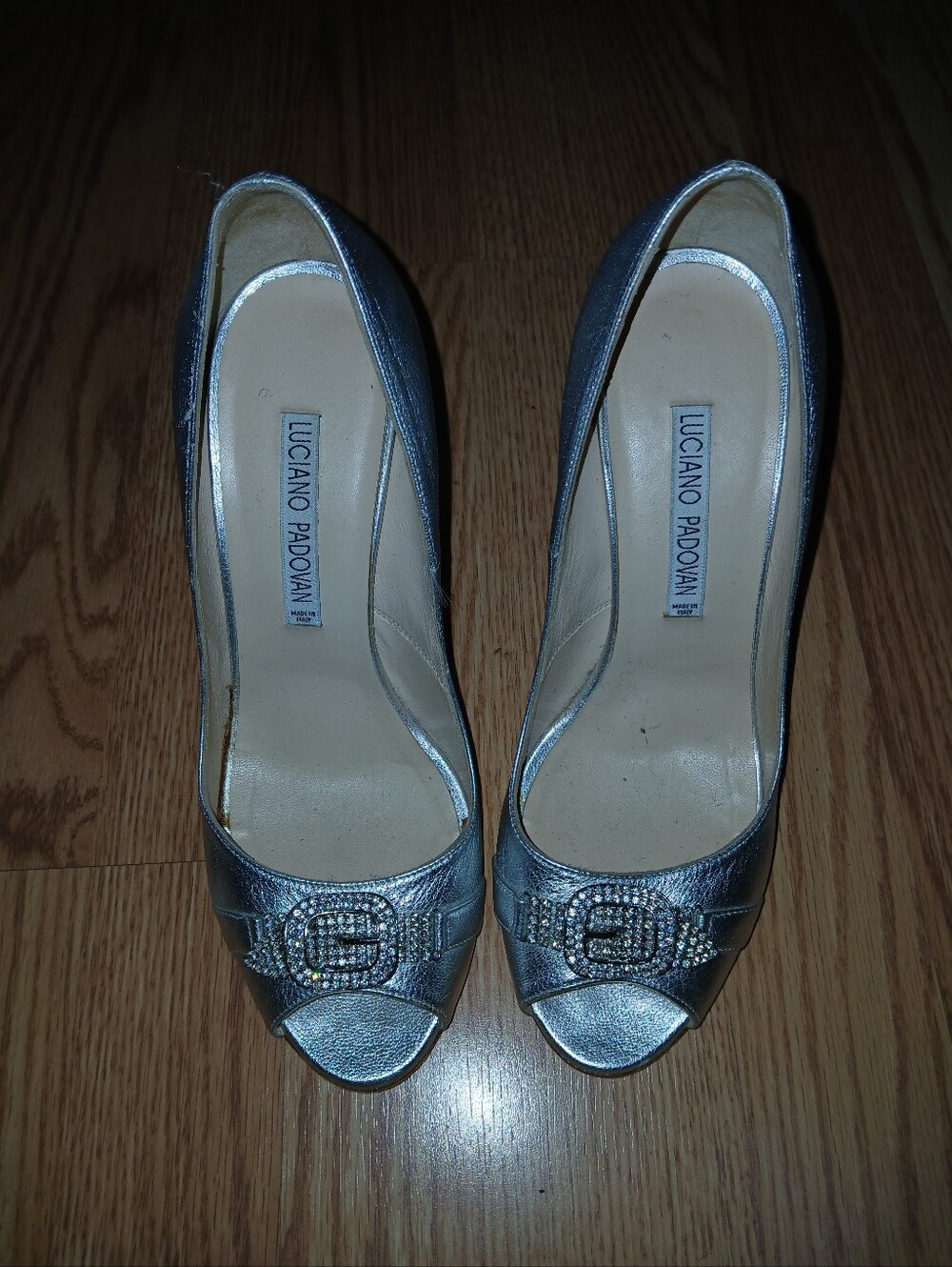 Luciano Padovan Metallic Silver Peep-Toe Heels with Crystal Buckle